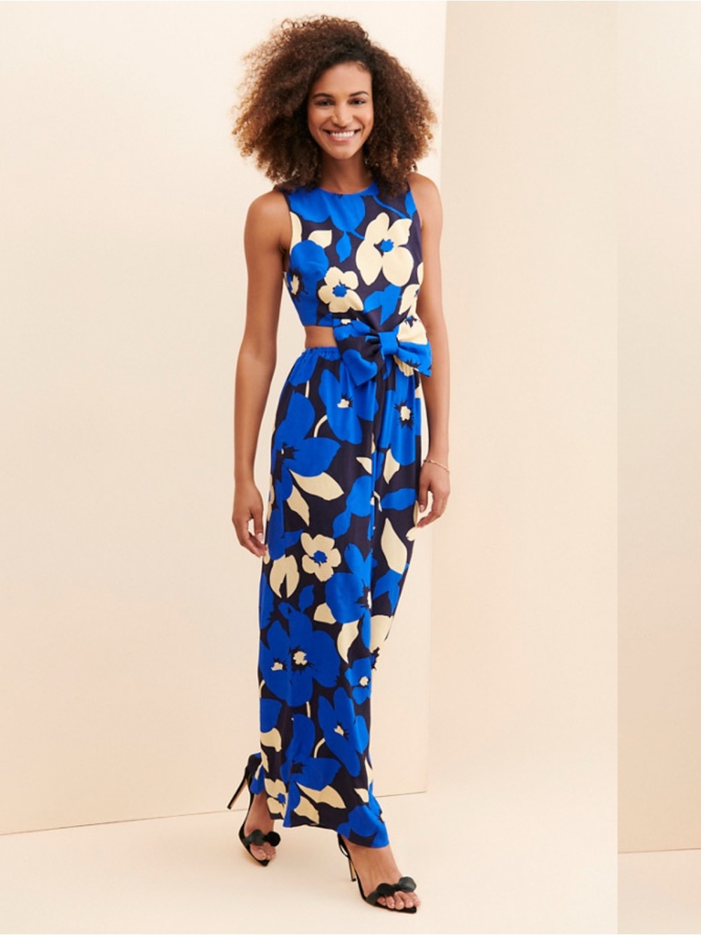 Blue Floral Sleeveless Maxi Dress with Tie Waist